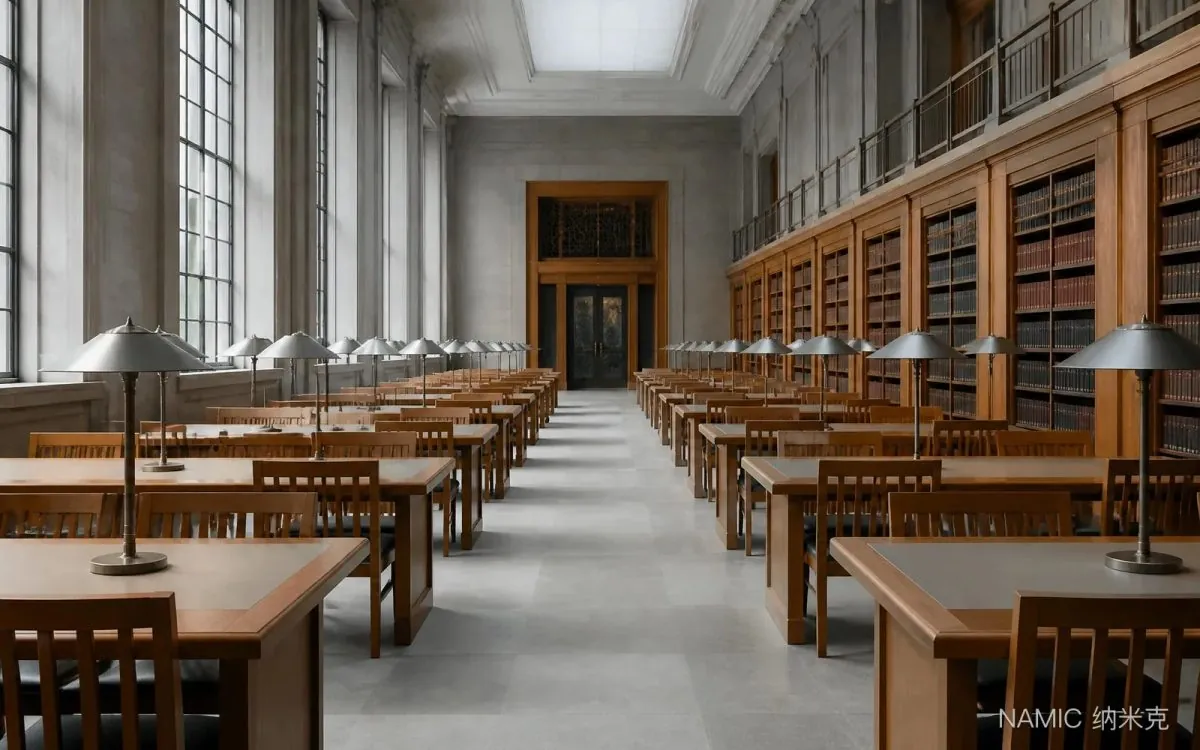 阅览与学习类公共空间的家具排布示意，用于对照使用场景与核对条件，非任何项目现场照片。