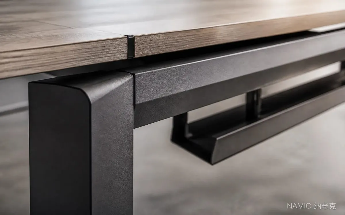 门字形钢脚、五边形横梁与板面接缝的结构特写为工艺示意，用来定位要核对的材质字段，非车间实拍。